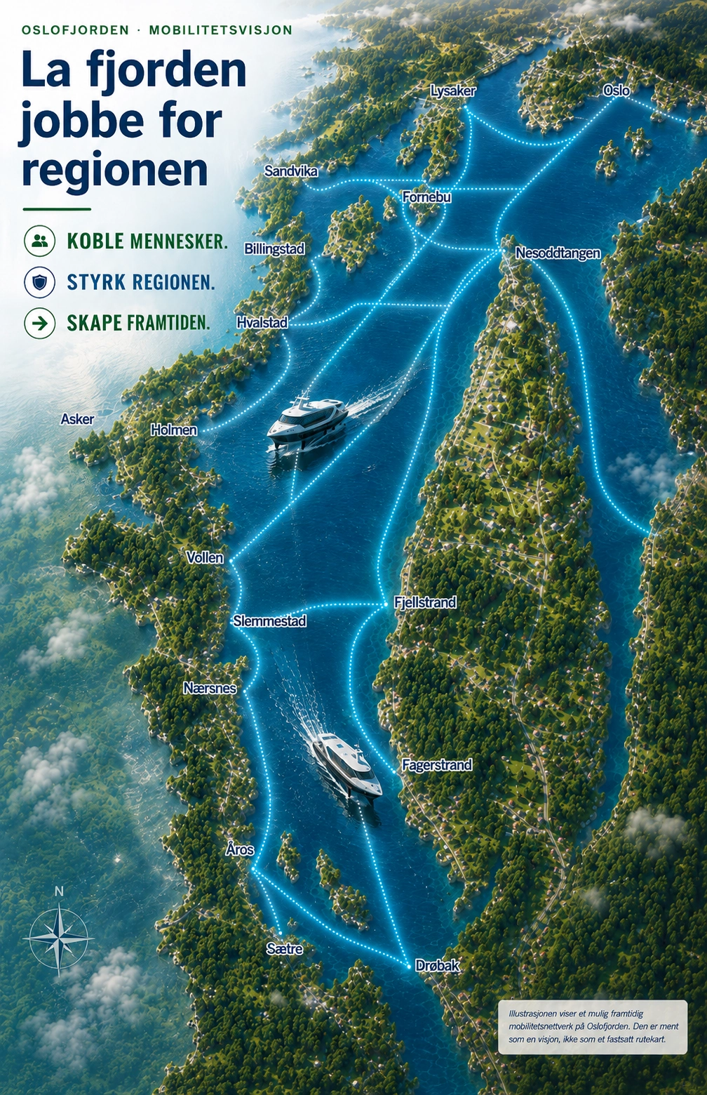 Illustrasjon av et mulig framtidig mobilitetsnettverk på Oslofjorden, med grønne sjøforbindelser mellom steder fra Oslo og Lysaker til Nesodden, Asker-området og Drøbak.
